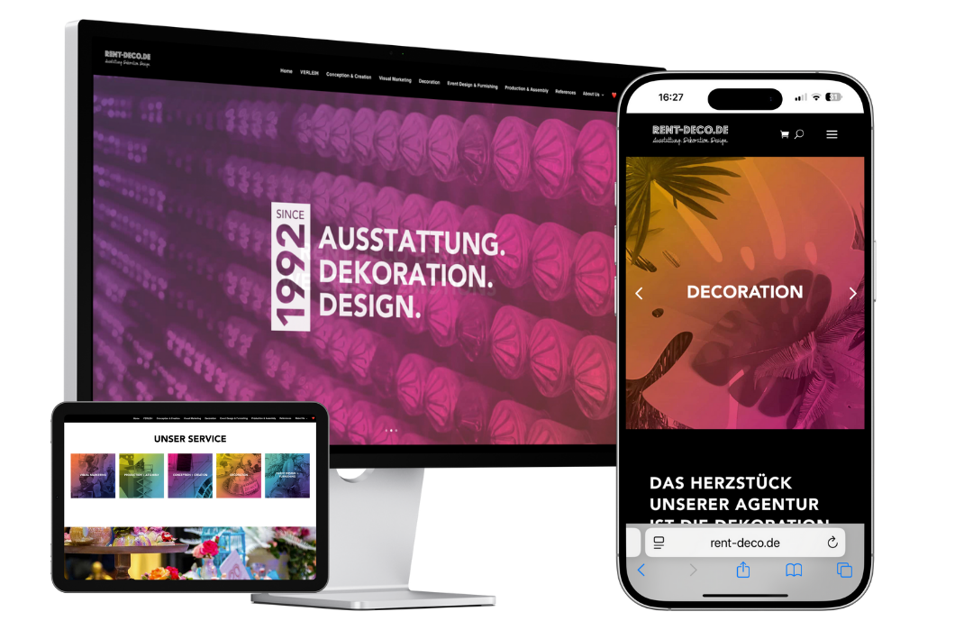 Rent deco Webdesign von HelpBEE für Rent Deco auf verschiedenen Endgeräten