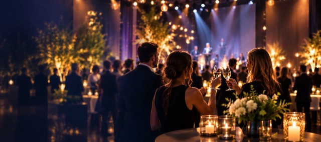 Stimmungsvolles Firmenevent mit Gästen, warmem Licht und festlicher Atmosphäre
