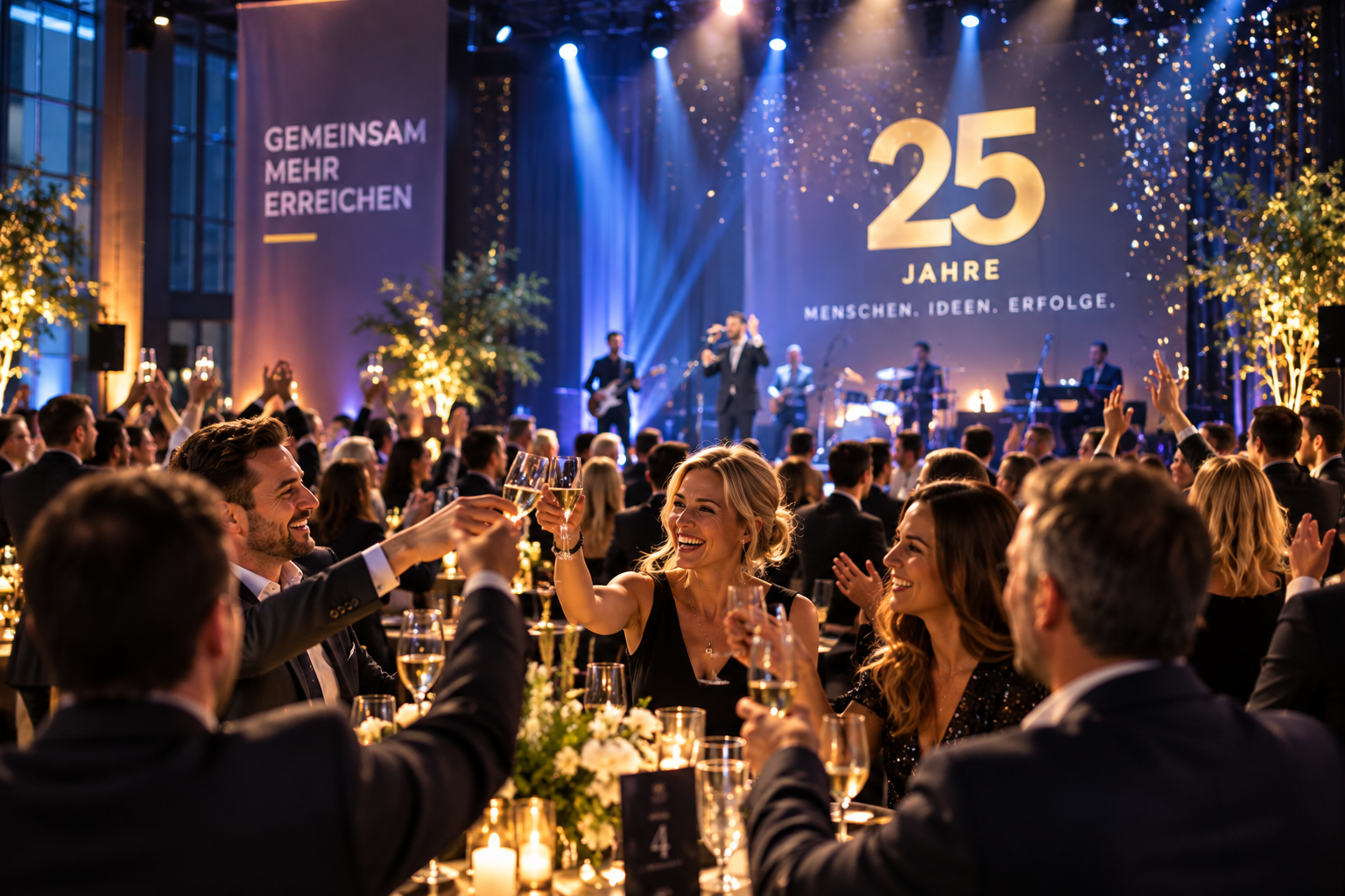 Firmenjubiläum mit festlicher Veranstaltung, Gästen, Bühne und emotionaler Atmosphäre