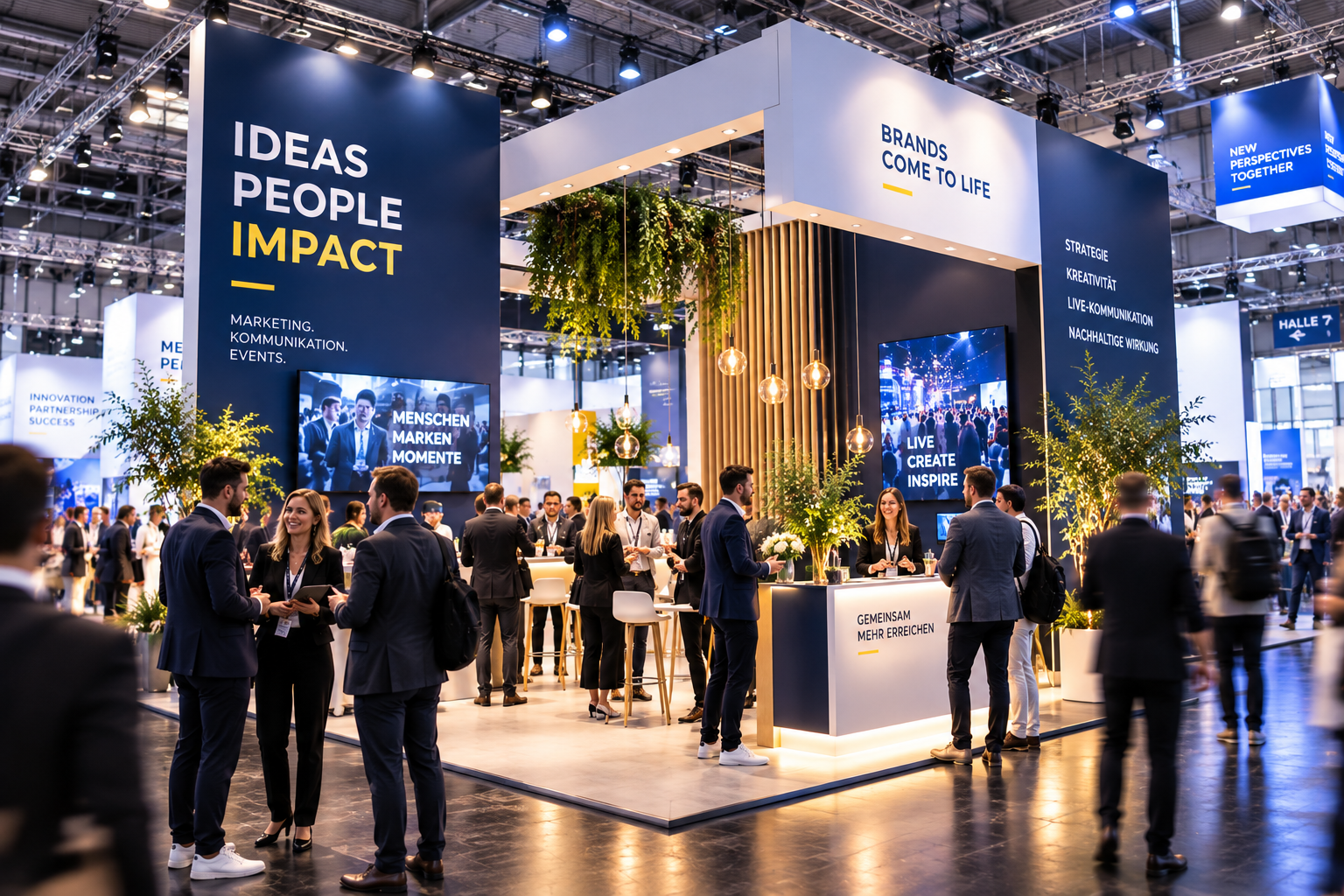 Moderner Messestand mit zahlreichen Besuchern und persönlicher Kommunikation auf einer Fachmesse