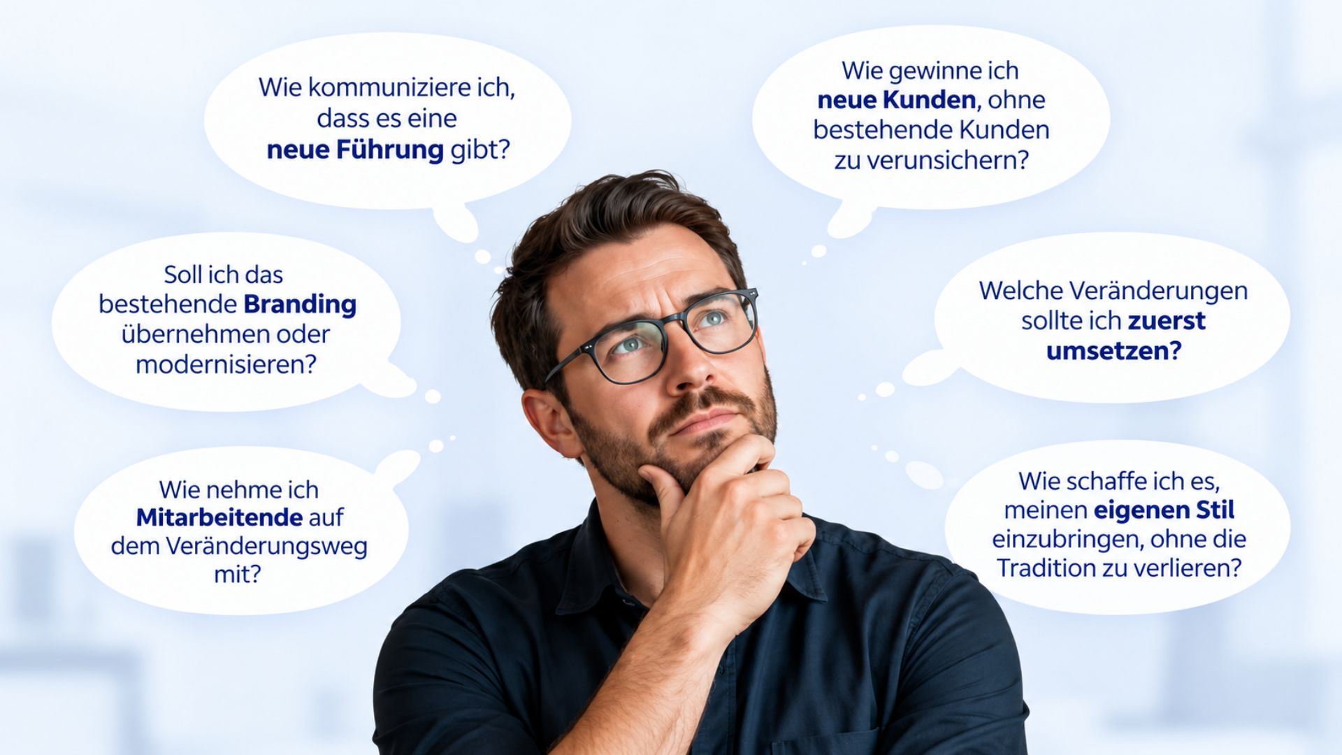 Nachfolger mit typischen Fragen zu Branding, Kunden, Kommunikation und neuer Führung nach einer Betriebsübernahme